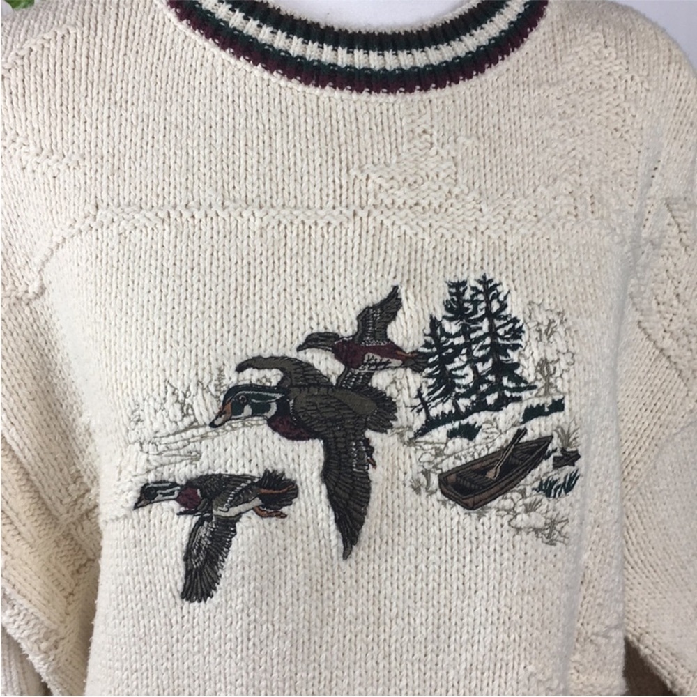 VINTAGE Croft & Barrow Cream Crew Neck Sweater with Embroidered Wood Ducks